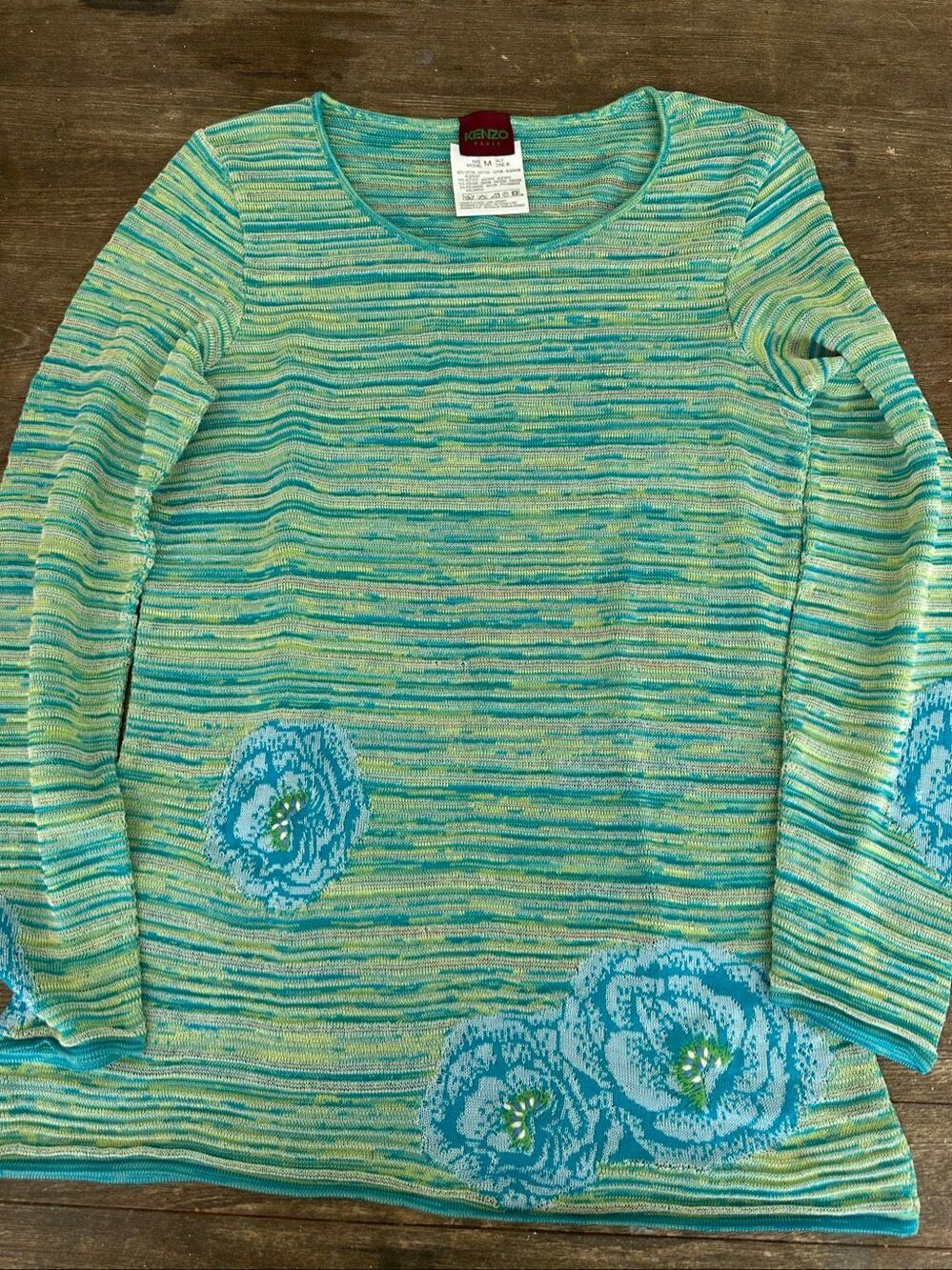 Kenzo Paris Floral Knit Sweater M Blue Green Cotton Blend Lightweight Italy